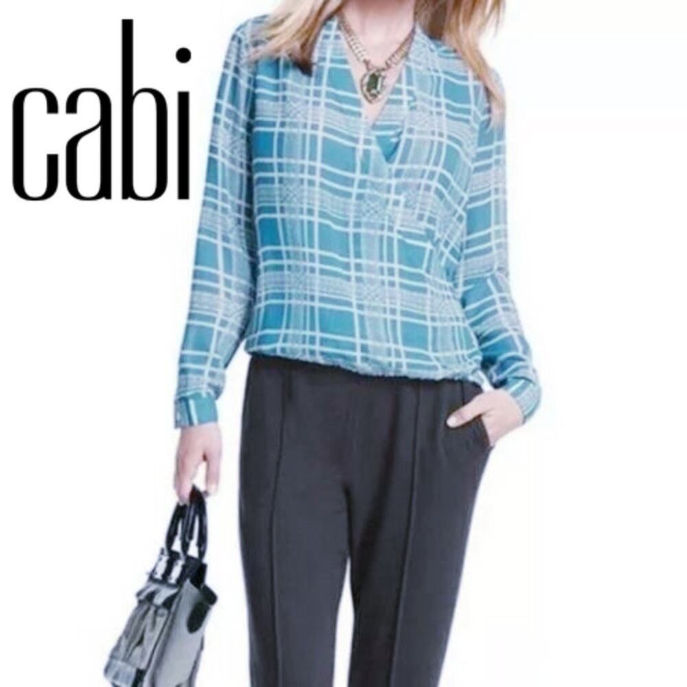 Cabi Size Medium Faux Wrap Blouse-Blue Windowpane Plaid Style 3088
